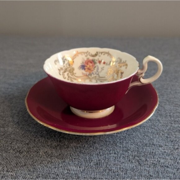 Aynsley Red/Magenta Tea Cup and Saucer with Floral Pattern and Gold Vines - Picture 1 of 5